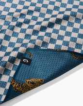 Load image into Gallery viewer, teal with leopard pattern on the front and teal and white checker pattern on the back kitchen tea towel
