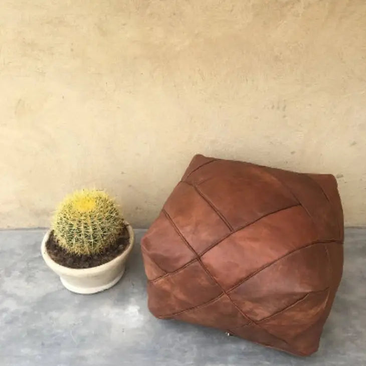 Moroccan Square Ottoman - Chestnut Leather