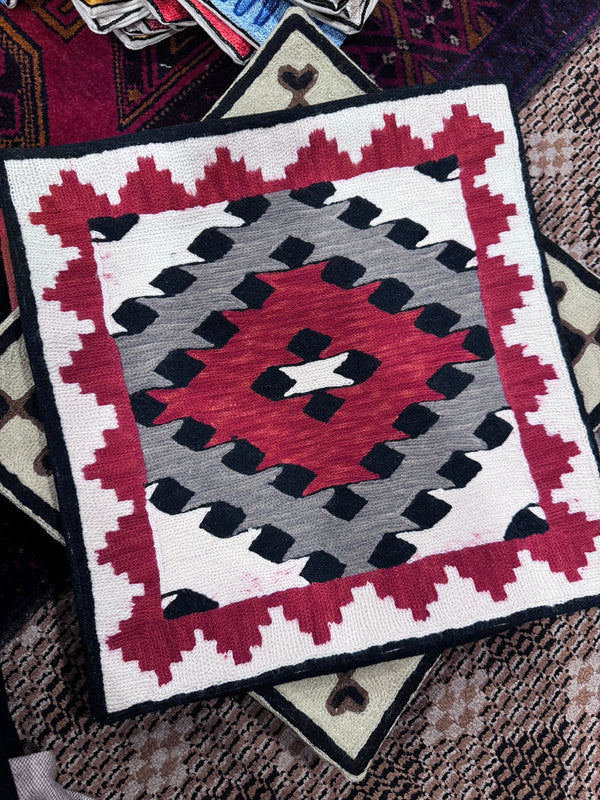 Handmade Pillow Vover from Kashmir, India -- Black, Gray, and Crimson