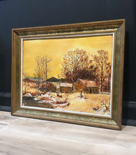 Load image into Gallery viewer, Vintage Painting of a Log Cabin Snowy Sunset
