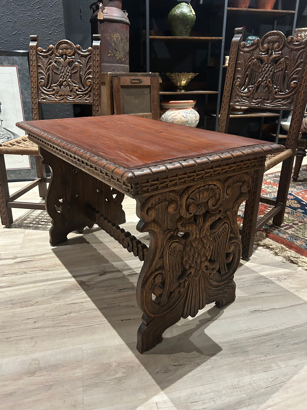 Solid Wood Small Vintage Table with Intricate Hand-Carvings