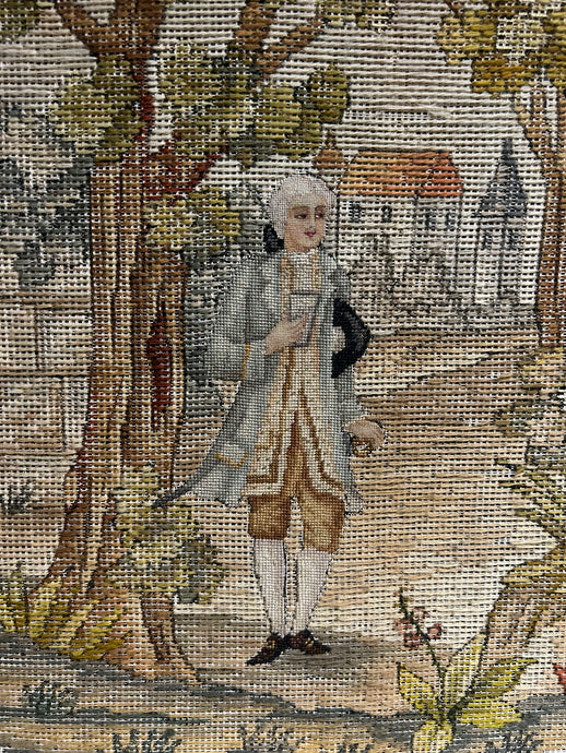 Vintage Needlepoint Depciting a Young Man Gathering a Letter