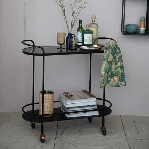 Metal & Marbled Veneer 2-Tier Bar Cart on Casters in Matte Black