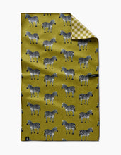 Load image into Gallery viewer, chartreuse with zebras pattern on the front and white and chartreuse checker pattern on the back kitchen tea towel
