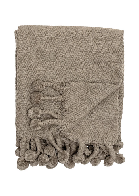 Taupe Cotton Throw with Braided Pom Pom Tassels